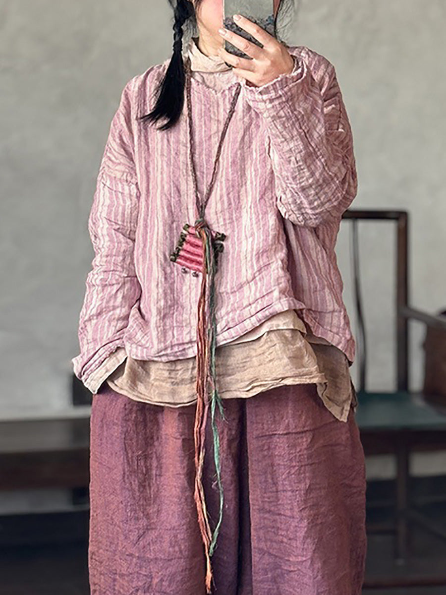 女士夏季復古條紋 V 領亞麻襯衫
