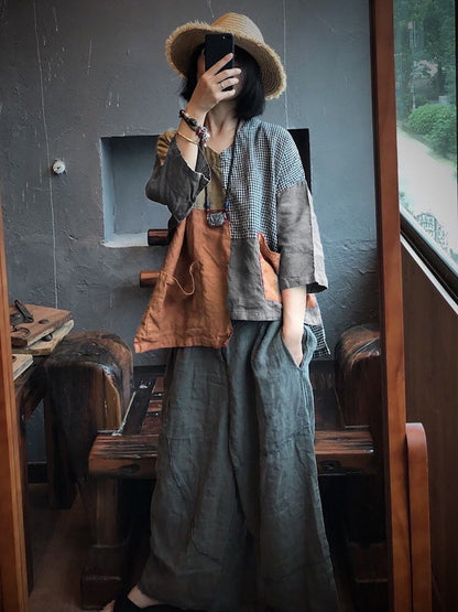 大尺碼女款亞麻復古貼片拼接口袋不規則寬鬆襯衫