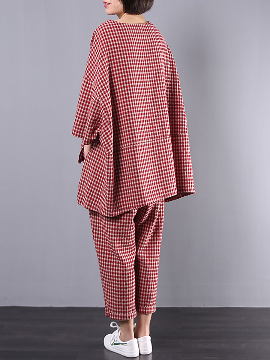 大尺碼棉麻格紋復古襯衫與褲子