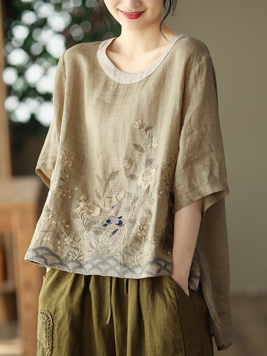 大尺碼女款休閒刺繡苧麻春季 T 卹
