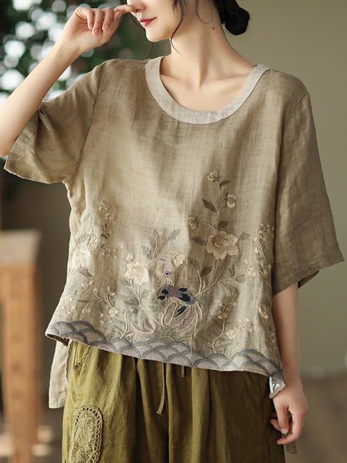 大尺碼女款休閒刺繡苧麻春季 T 卹