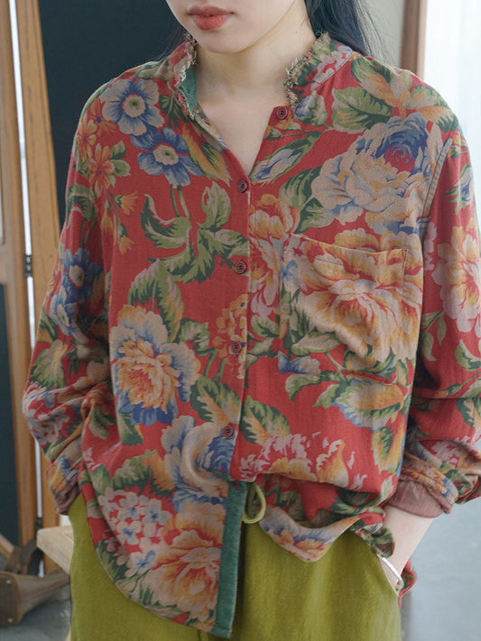 大尺碼秋季女花棉質襯衫