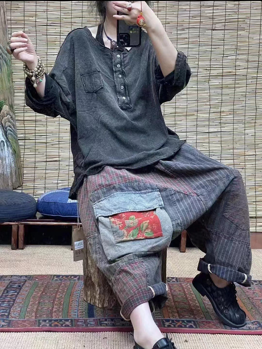 大尺碼女中國風拼布口袋寬鬆褲