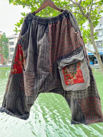 大尺碼女中國風拼布口袋寬鬆褲