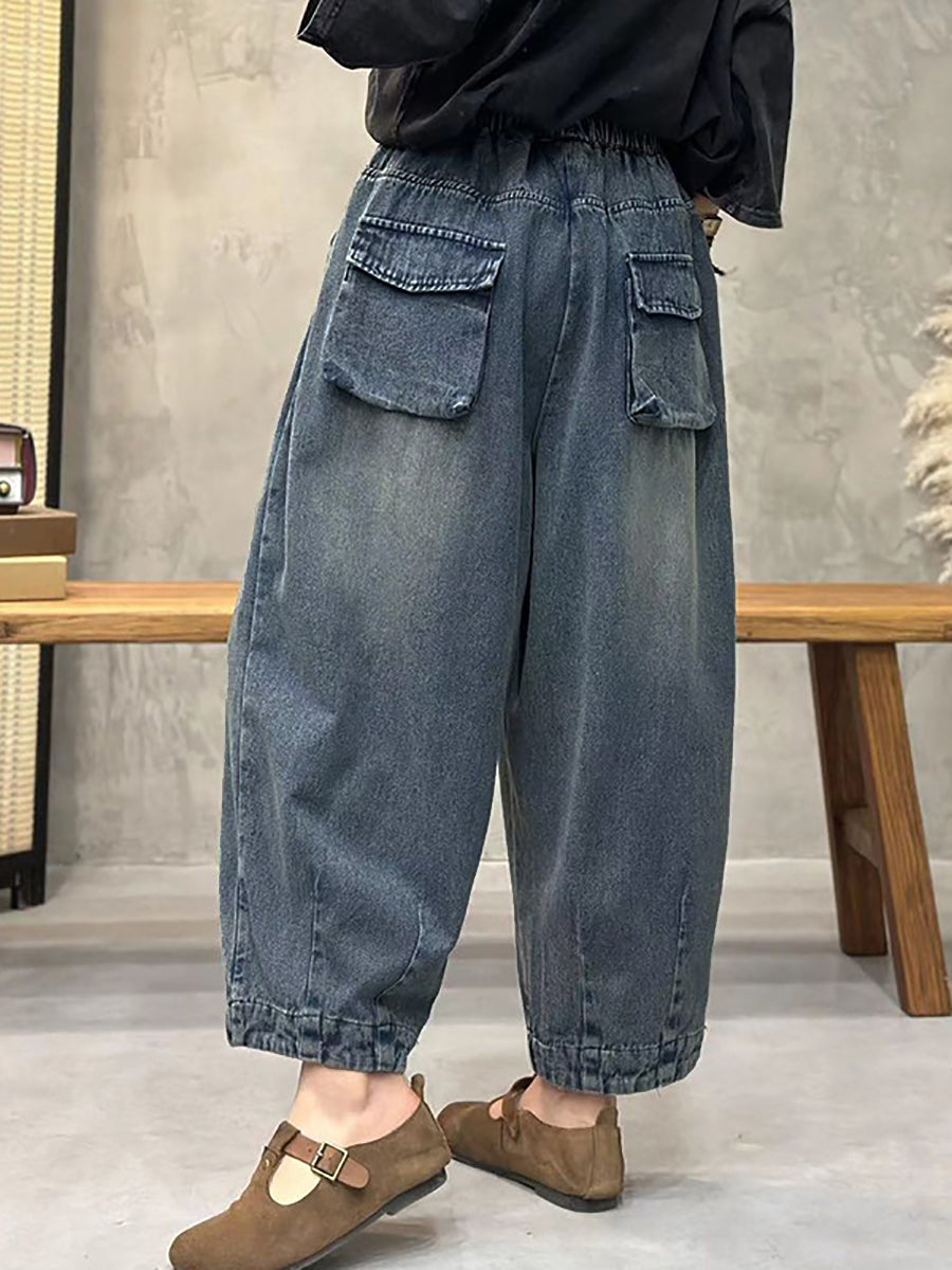 大尺碼女裝春季復古水洗牛仔哈倫褲