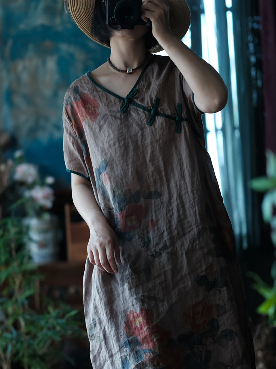女款民族夏季花朵印花搭扣亞麻連身裙