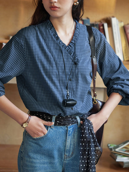 女士春季格紋 V 領 100% 純棉襯衫