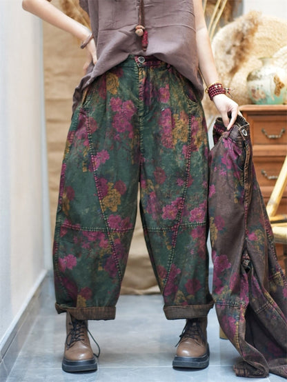女士春季復古花朵棉質哈倫褲