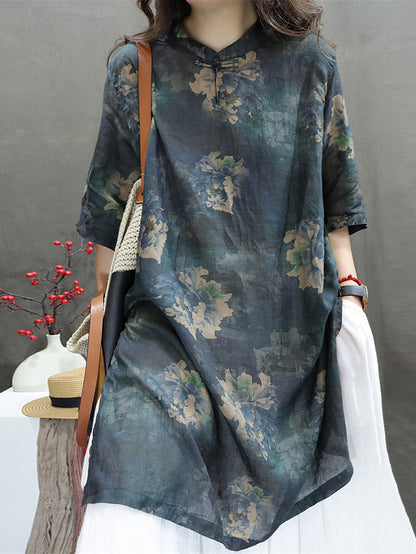 女款夏季立領花朵 100% 苧麻襯衫