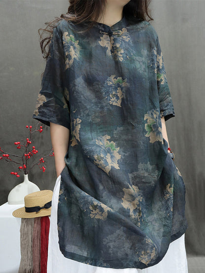 女款夏季立領花朵 100% 苧麻襯衫