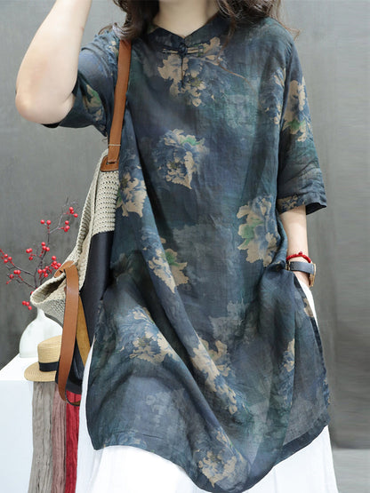 女款夏季立領花朵 100% 苧麻襯衫