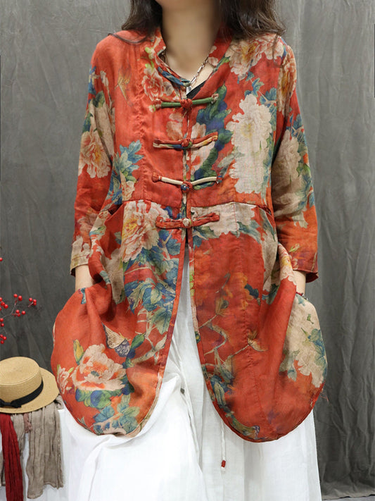 女士夏季立領花朵 100% 苧麻開襟衫