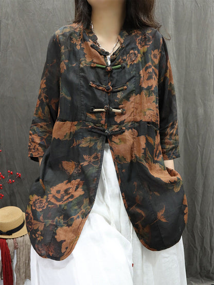 女士夏季立領花朵 100% 苧麻開襟衫