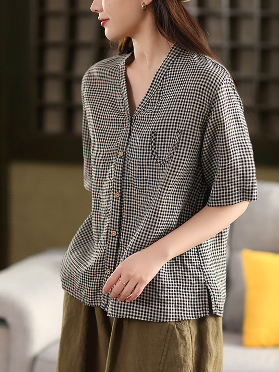 女士夏季 V 領格紋 100% 亞麻襯衫