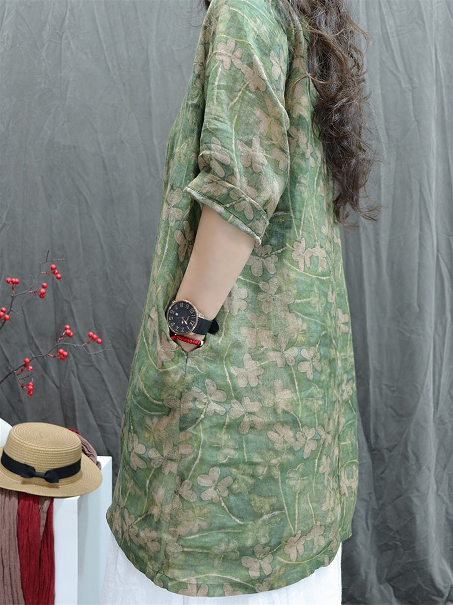 女士夏季藝術 V 領花朵 100% 苧麻襯衫