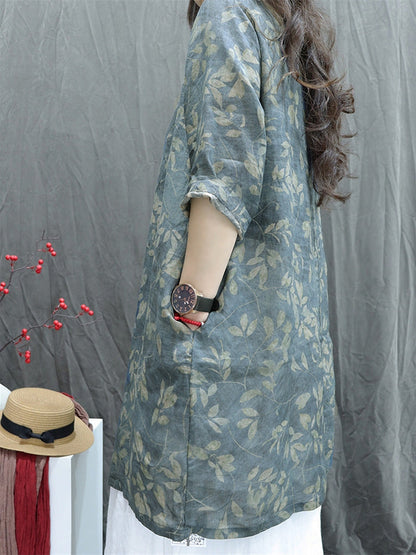 女士夏季藝術 V 領花朵 100% 苧麻襯衫