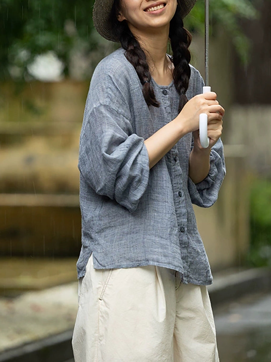 女士夏季休閒純色圓領100%亞麻襯衫