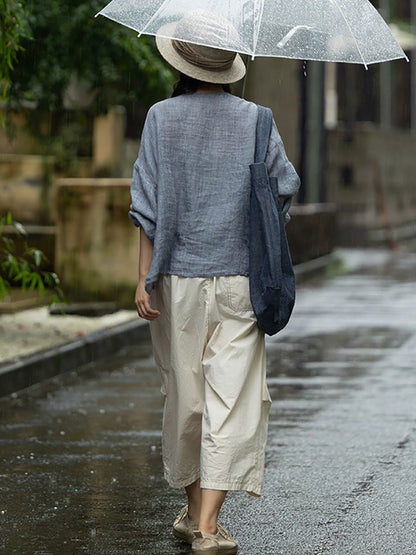 女士夏季休閒純色圓領100%亞麻襯衫