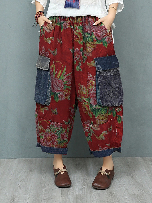 女士夏季復古花朵拼布哈倫褲