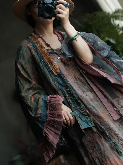 女士夏季復古花朵拼接亞麻襯衫外套