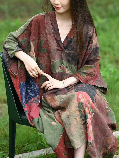 女款夏季民族風花朵貼佈V領100%亞麻洋裝
