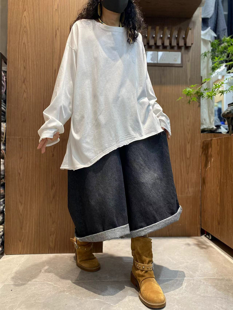 女士秋季休閒純色100%純棉圓領襯衫