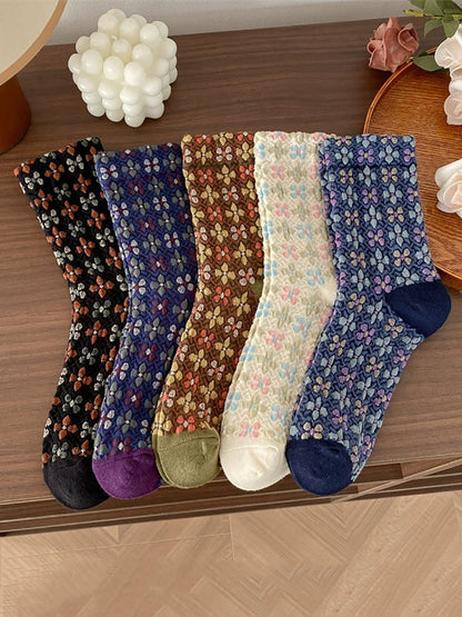 5雙女復古花卉壓花棉襪