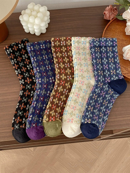 5雙女復古花卉壓花棉襪
