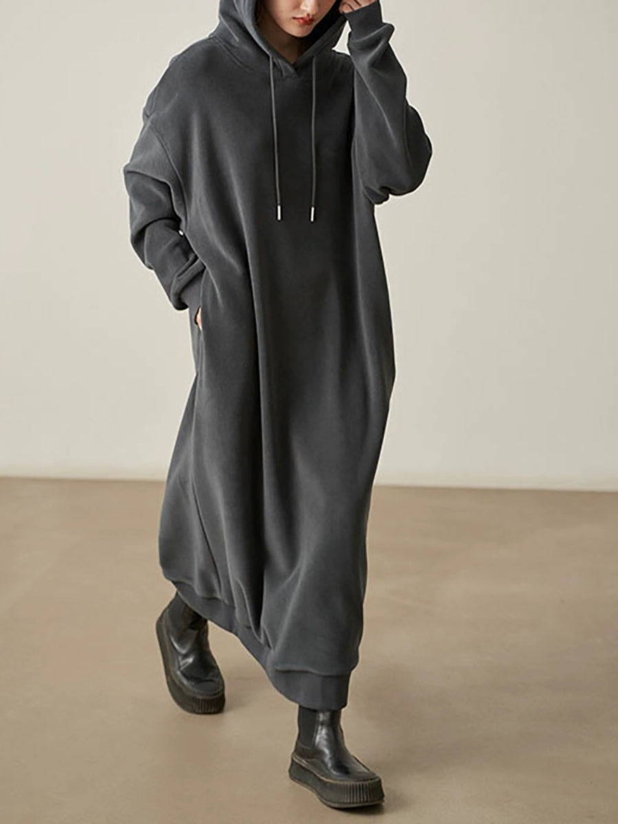 女士秋季純色抓絨連帽連身裙