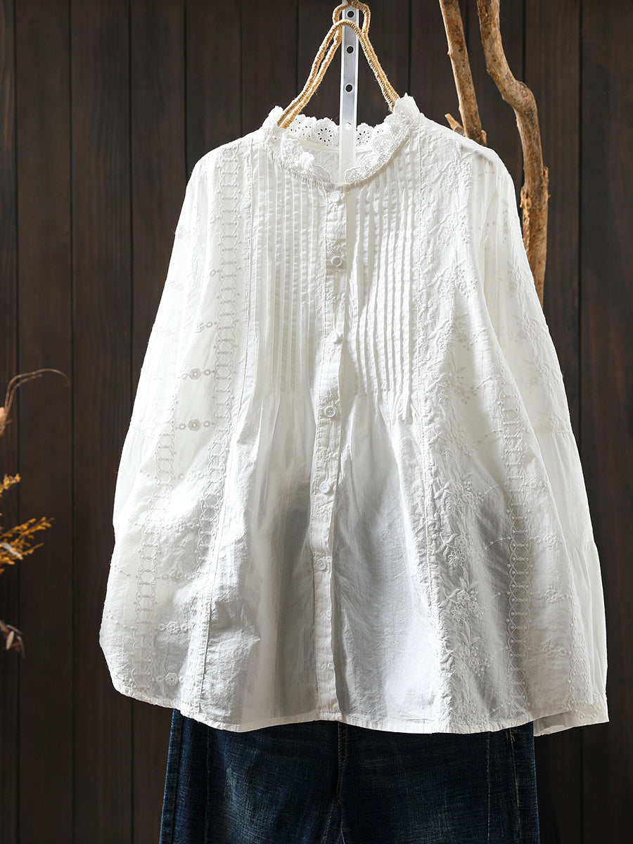 女士冬季藝術立領刺繡100%純棉襯衫