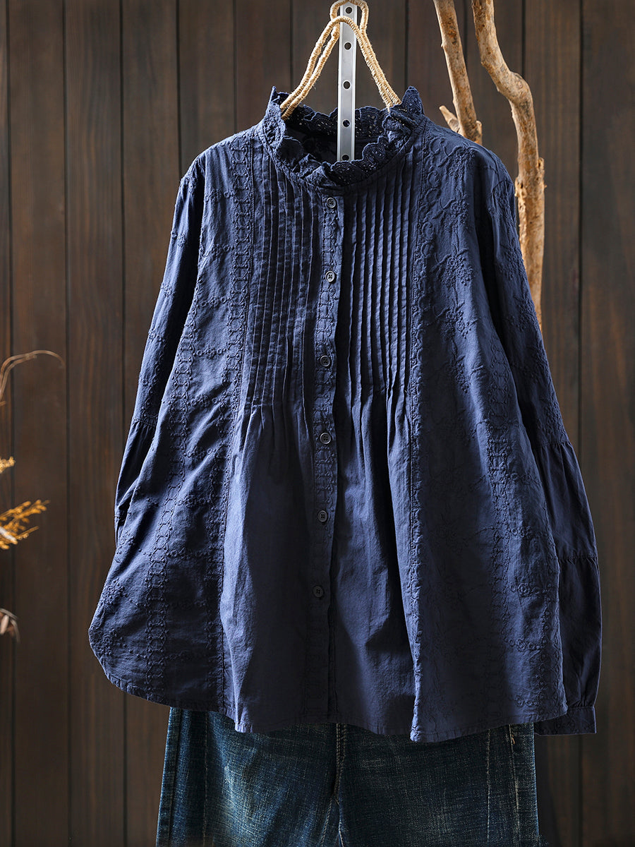 女士冬季藝術立領刺繡100%純棉襯衫
