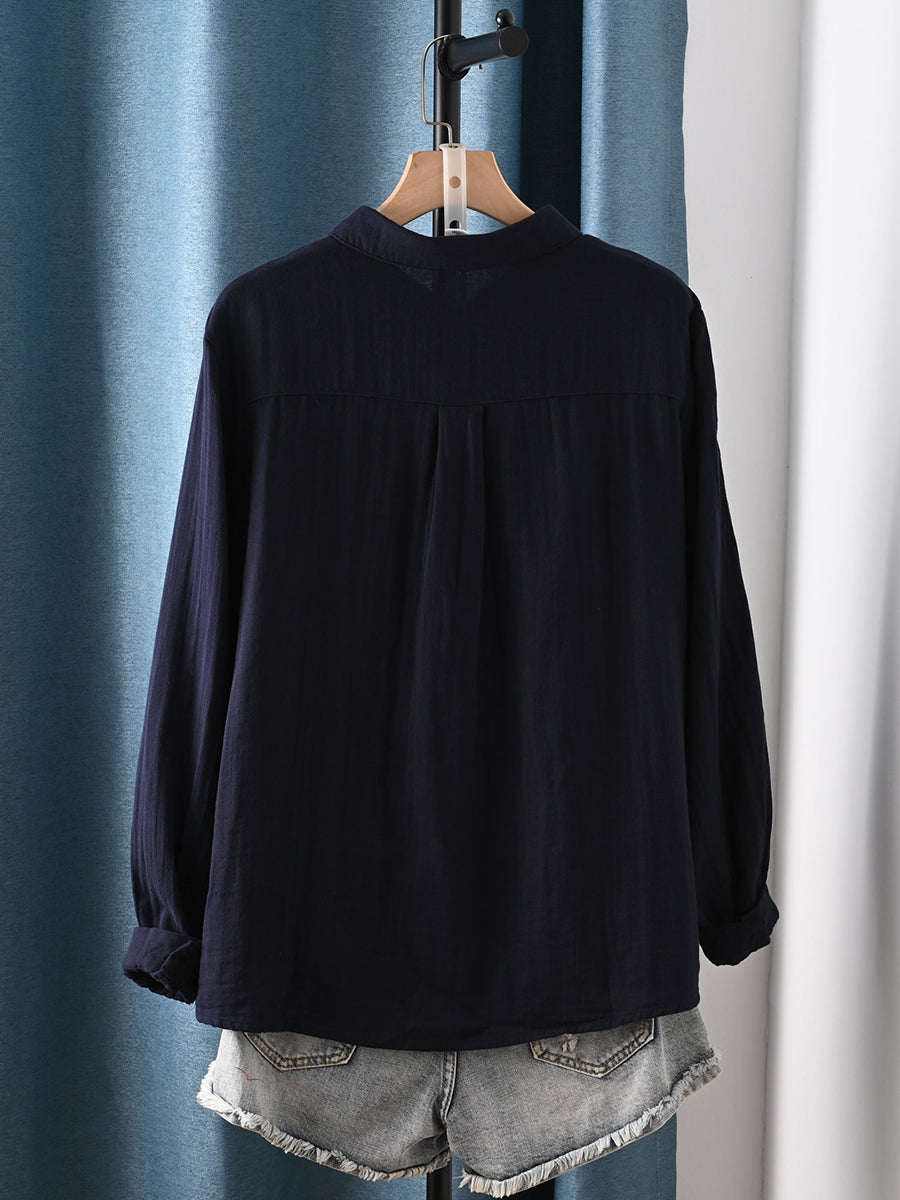 女士藝術風春季褶皺翻領100%純棉襯衫