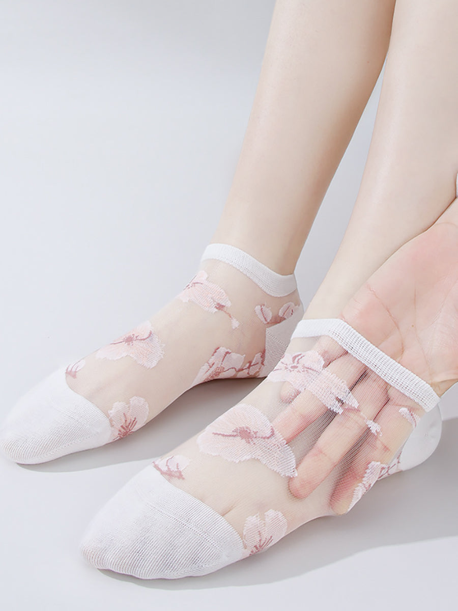 5雙裝女士夏季藝術花朵薄襪