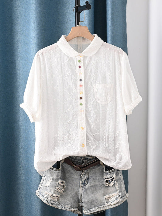 女士夏季藝術刺繡100%純棉襯衫