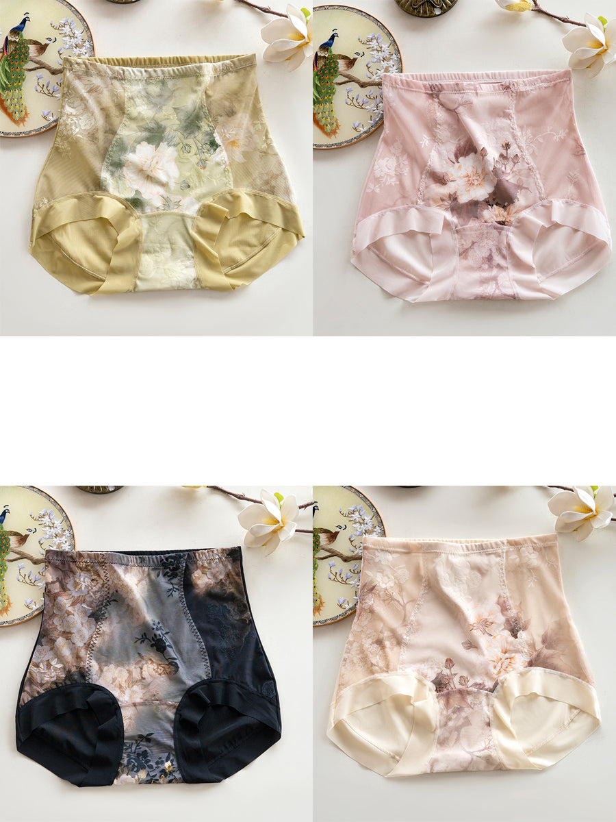 4件女士藝術花朵高腰內褲