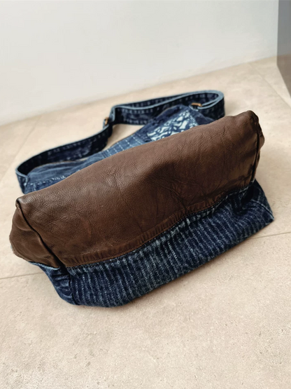 復古牛仔布料花卉拼接皮革包