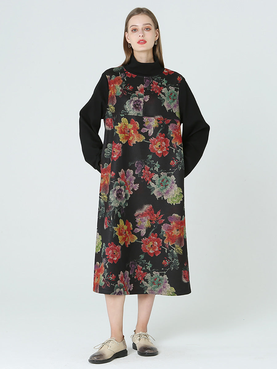 大尺碼花卉印花高領長袖春冬洋裝 M-2XL