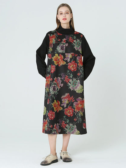 大尺碼花卉印花高領長袖春冬洋裝 M-2XL