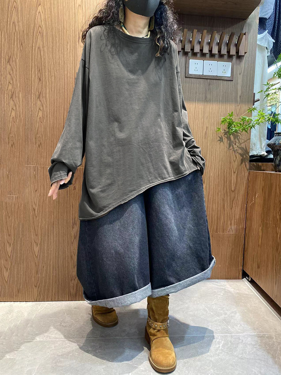 女士秋季休閒純色100%純棉圓領襯衫