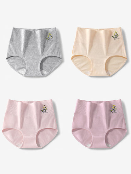 4件式女士藝術花卉刺繡高腰內褲
