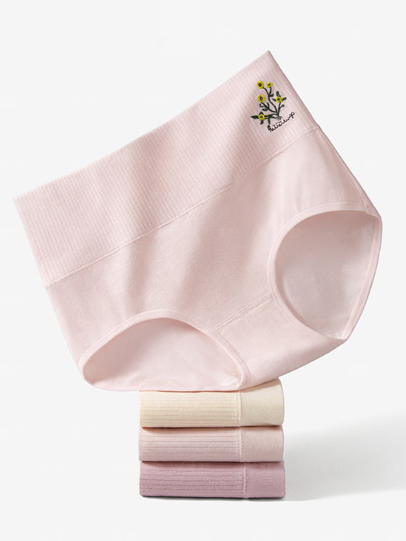 4件式女士藝術花卉刺繡高腰內褲