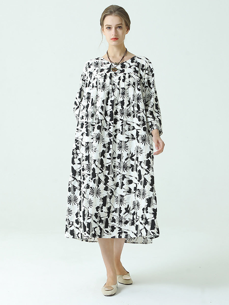 大尺碼花卉印花 O 領長袖百褶大尺碼連身裙