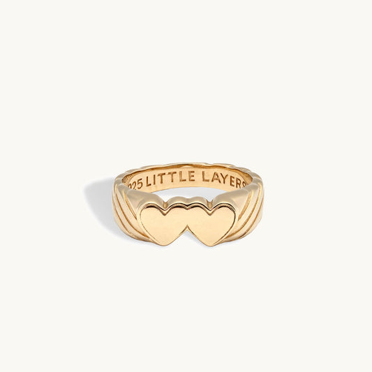 Gold Double Heart Signet Engravable Ring