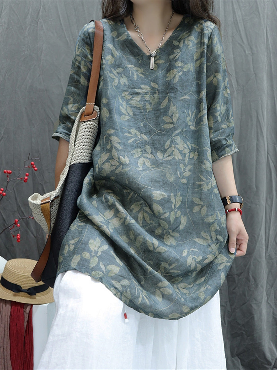 女士夏季藝術 V 領花朵 100% 苧麻襯衫