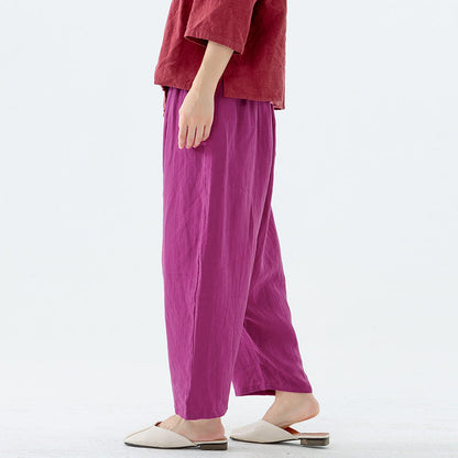 大尺碼夏季純色 100% 亞麻哈倫褲