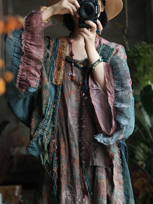 女士夏季復古花朵拼接亞麻襯衫外套