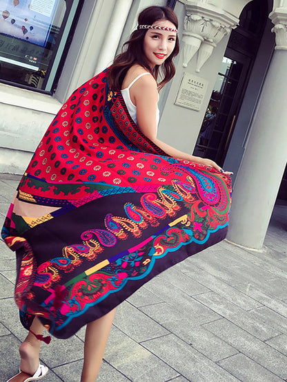 復古防曬流蘇印花旅行花披肩圍巾