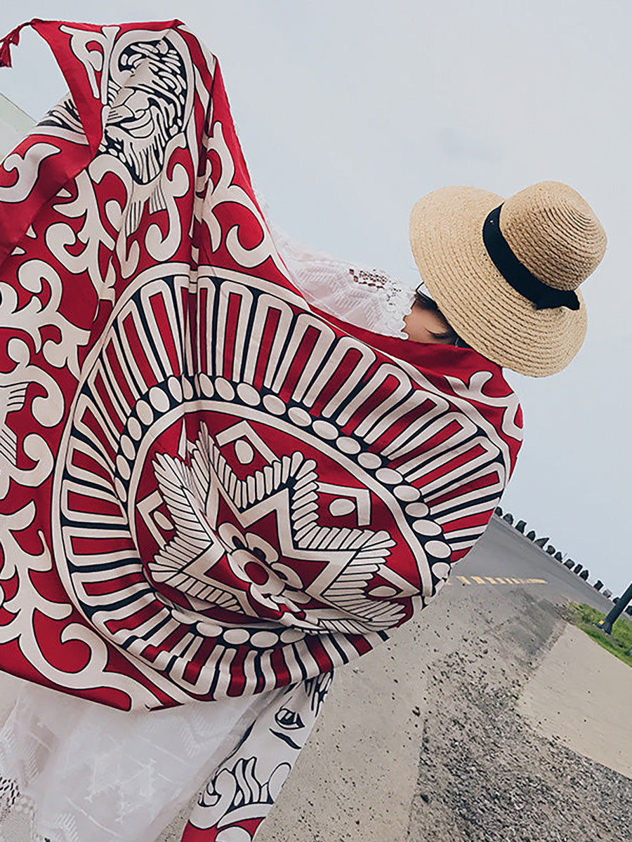 復古防曬流蘇印花旅行花披肩圍巾