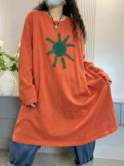 大尺碼女款藝術印花秋季棉質長版襯衫