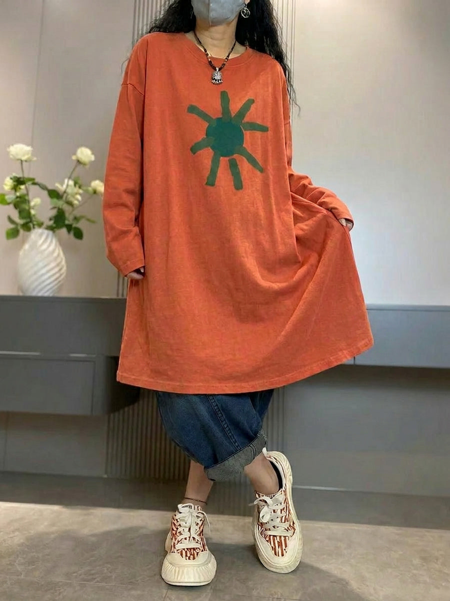 大尺碼女款藝術印花秋季棉質長版襯衫